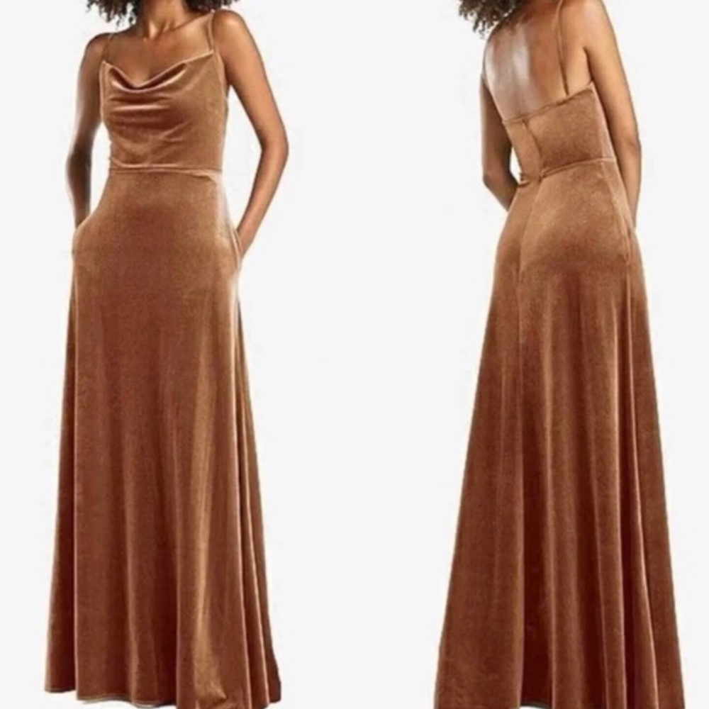 After Six Stretch Velvet Cowl Maxi Dress Golden Almond 10 New with Tag